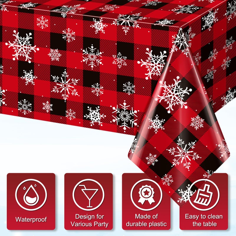 Jectivs 3 Pieces Red and Black Buffalo Plaid Merry Christmas Party Tablecloth Decorations Plastic White Snowflake Buffalo Plaid Sign Table Cover for Winter Christmas Holiday Party Supplies 54x108 inch - Image 3